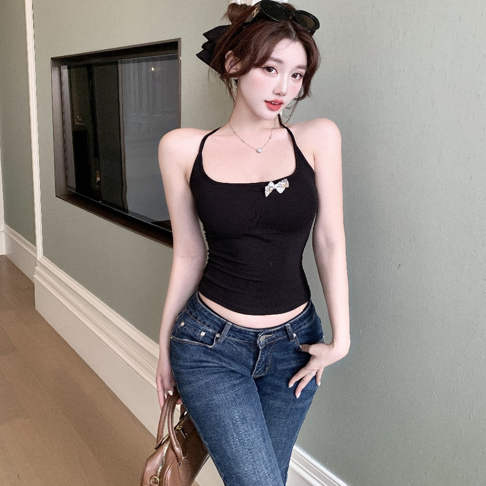 辣妹风蝴蝶结磨毛挂脖吊带背心女秋冬季带胸垫内搭美背保暖上衣潮