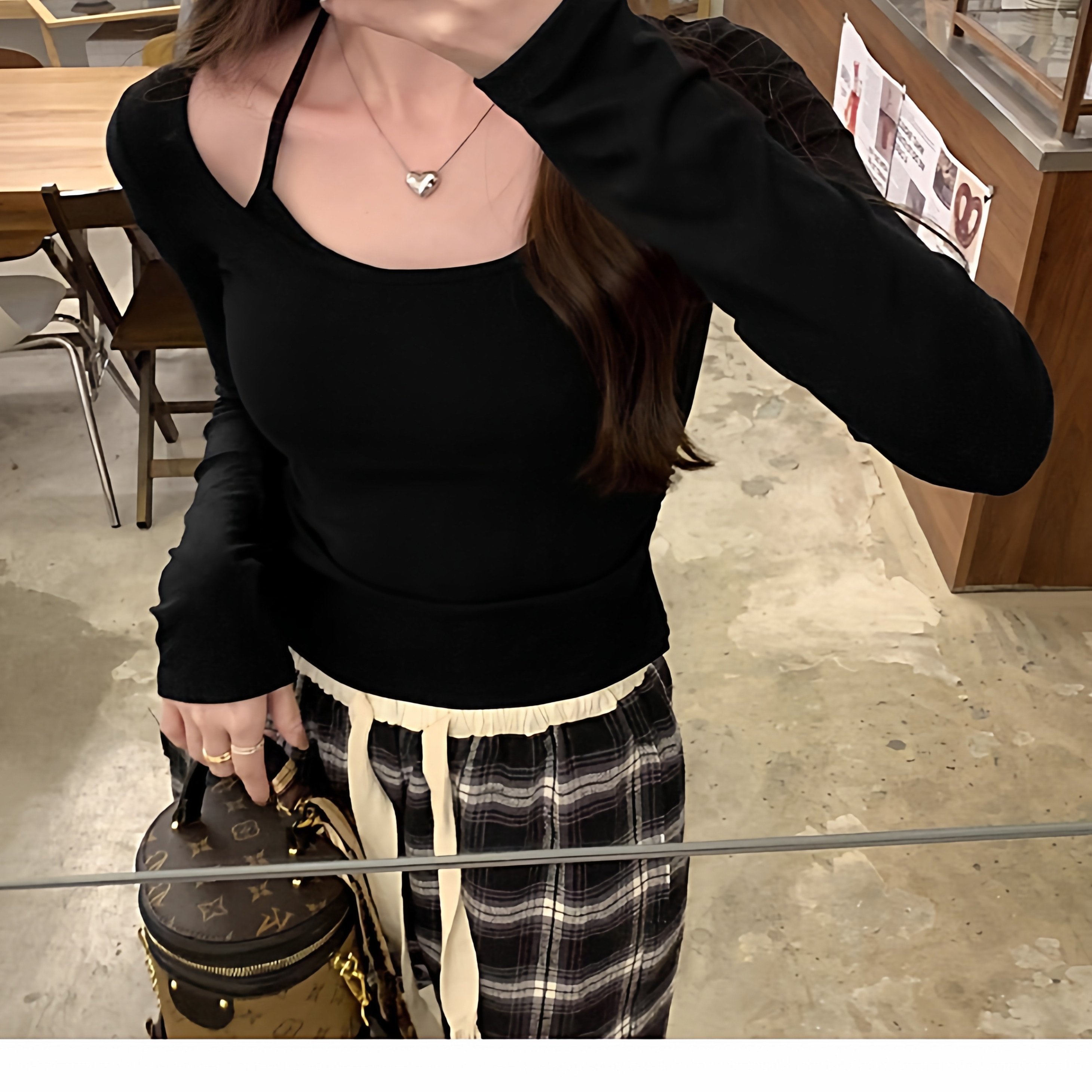 纯欲风磨毛挂脖系带假两件长袖T恤女秋冬内搭外穿带胸垫保暖上衣