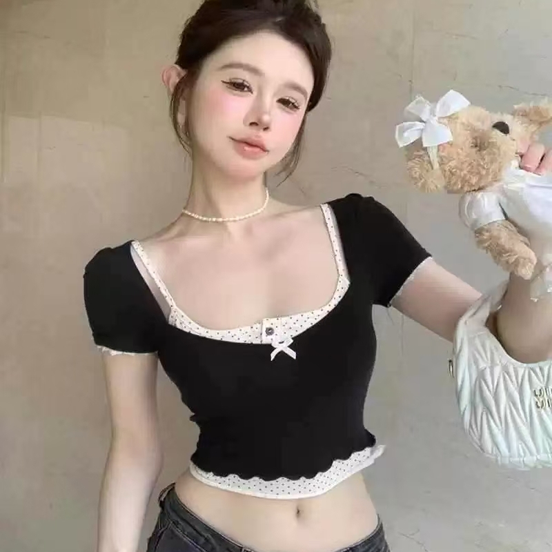 纯欲性感修身内搭打底短袖t恤上衣+波点美式吊带背心带胸垫两件套