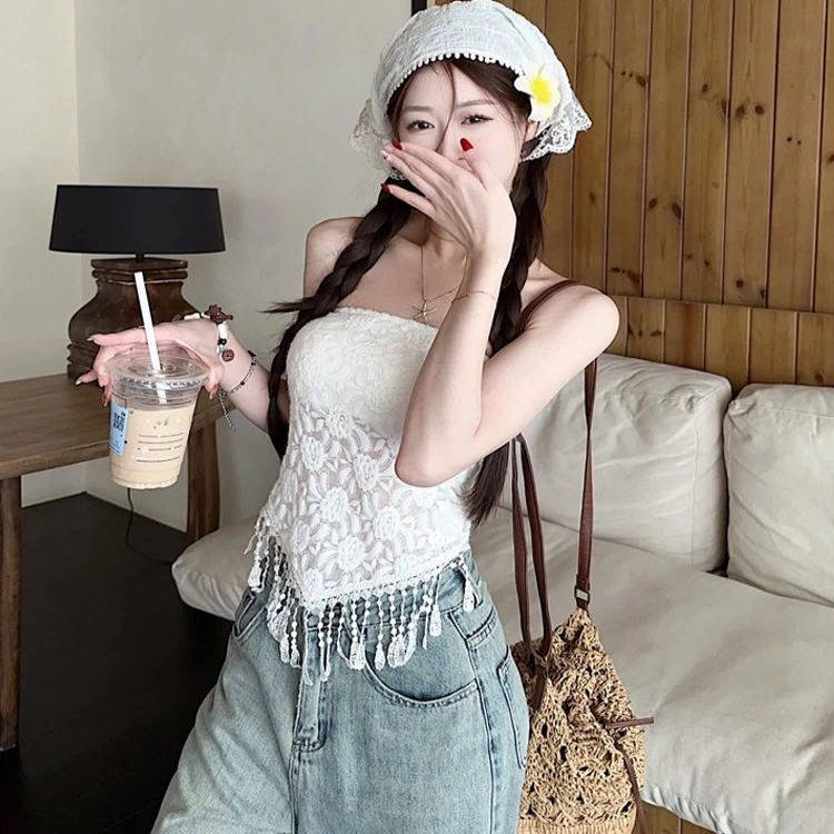 法式性感辣妹绣花流苏抹胸背心夏