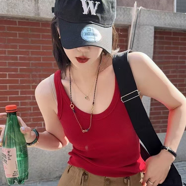 纯欲风性感辣妹红色吊带背心女带胸垫内搭修身显瘦打底抹胸上衣潮