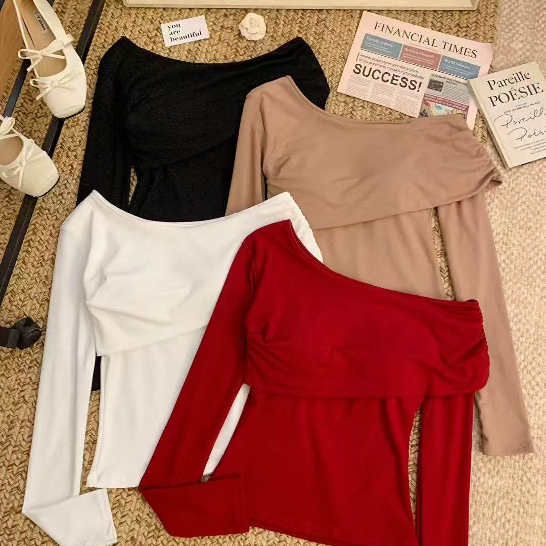 韩版简约斜肩长袖打底衫女内搭外穿带胸垫露肩修身设计感T恤上衣