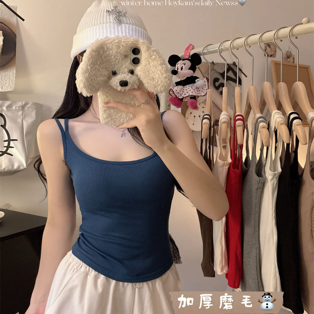 带胸垫磨毛双吊带背心保暖内衣潮