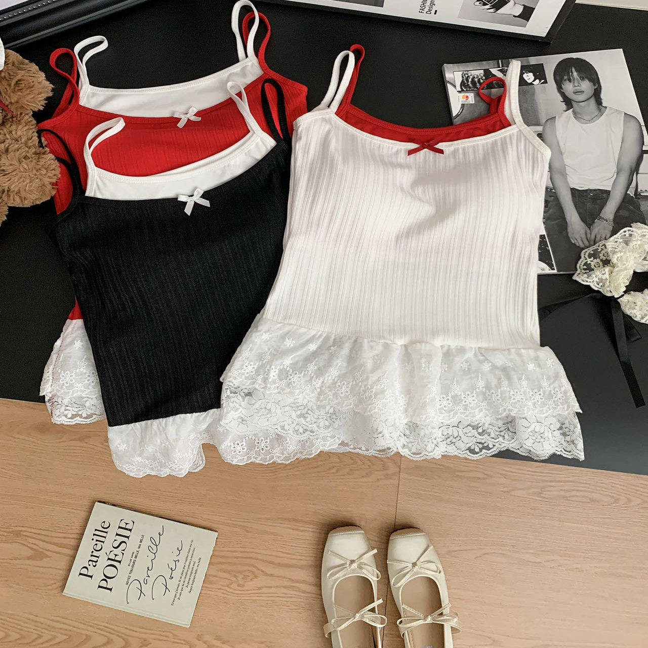 纯欲风性感蕾丝拼接假两件撞色吊带背心女夏季内搭外穿带胸垫上衣