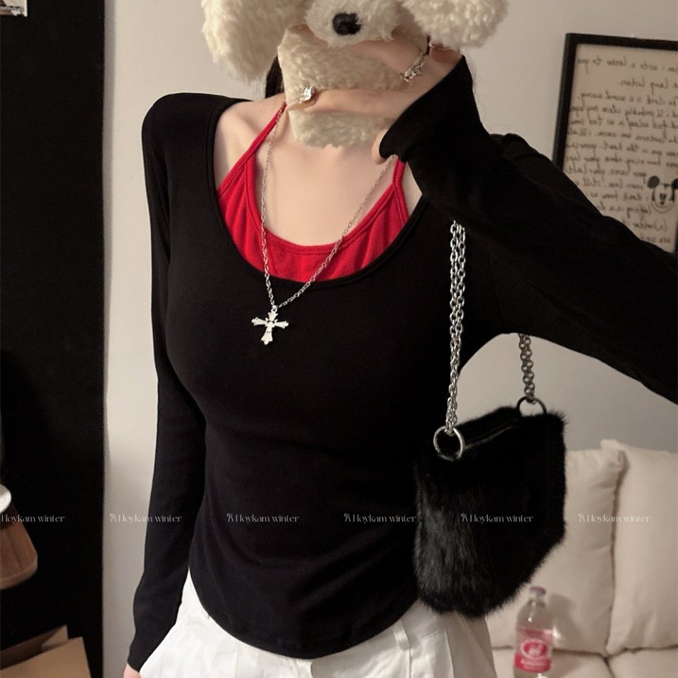 假两件撞色挂脖磨毛长袖T恤女秋冬季内搭外穿带胸垫辣妹保暖上衣