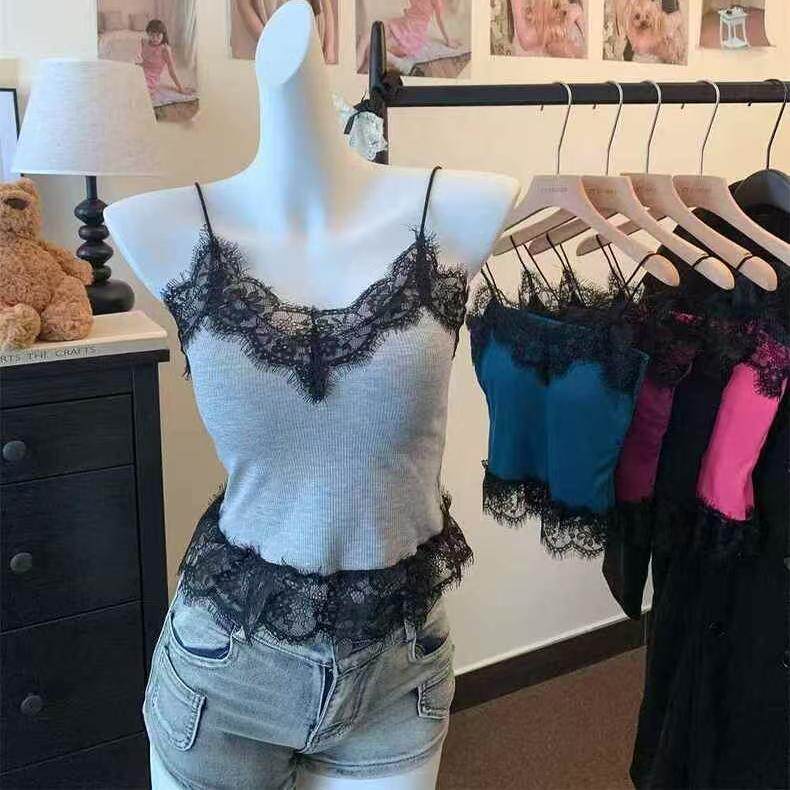 纯欲风性感辣妹蕾丝拼接吊带背心女带胸垫内搭修身显瘦打底衫上衣