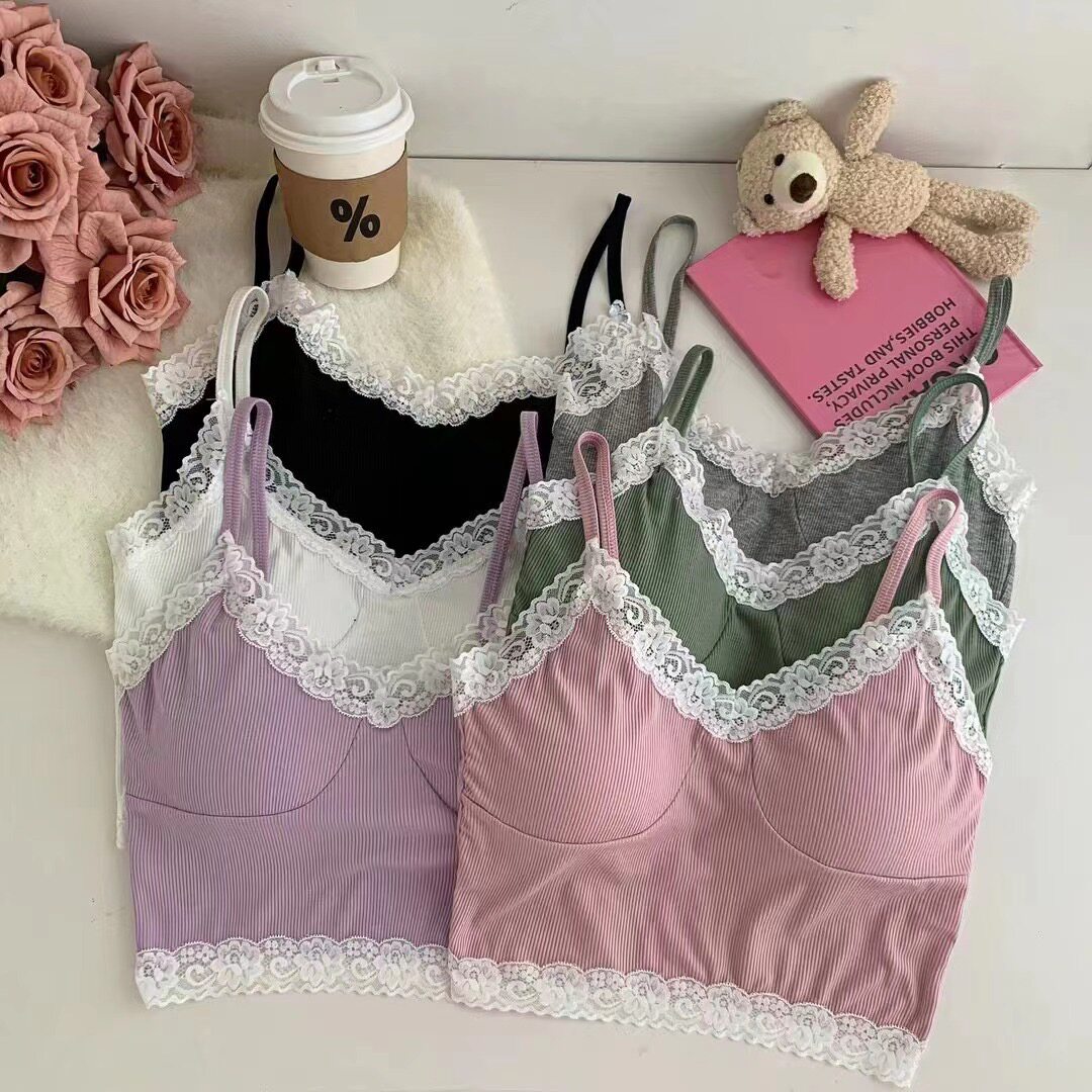 纯欲风性感蕾丝花边V领吊带背心女夏季带胸垫内搭外穿美背上衣潮