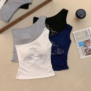 纯欲风性感辣妹猫咪烫钻斜肩背心女内搭外穿美背带胸垫百搭上衣夏