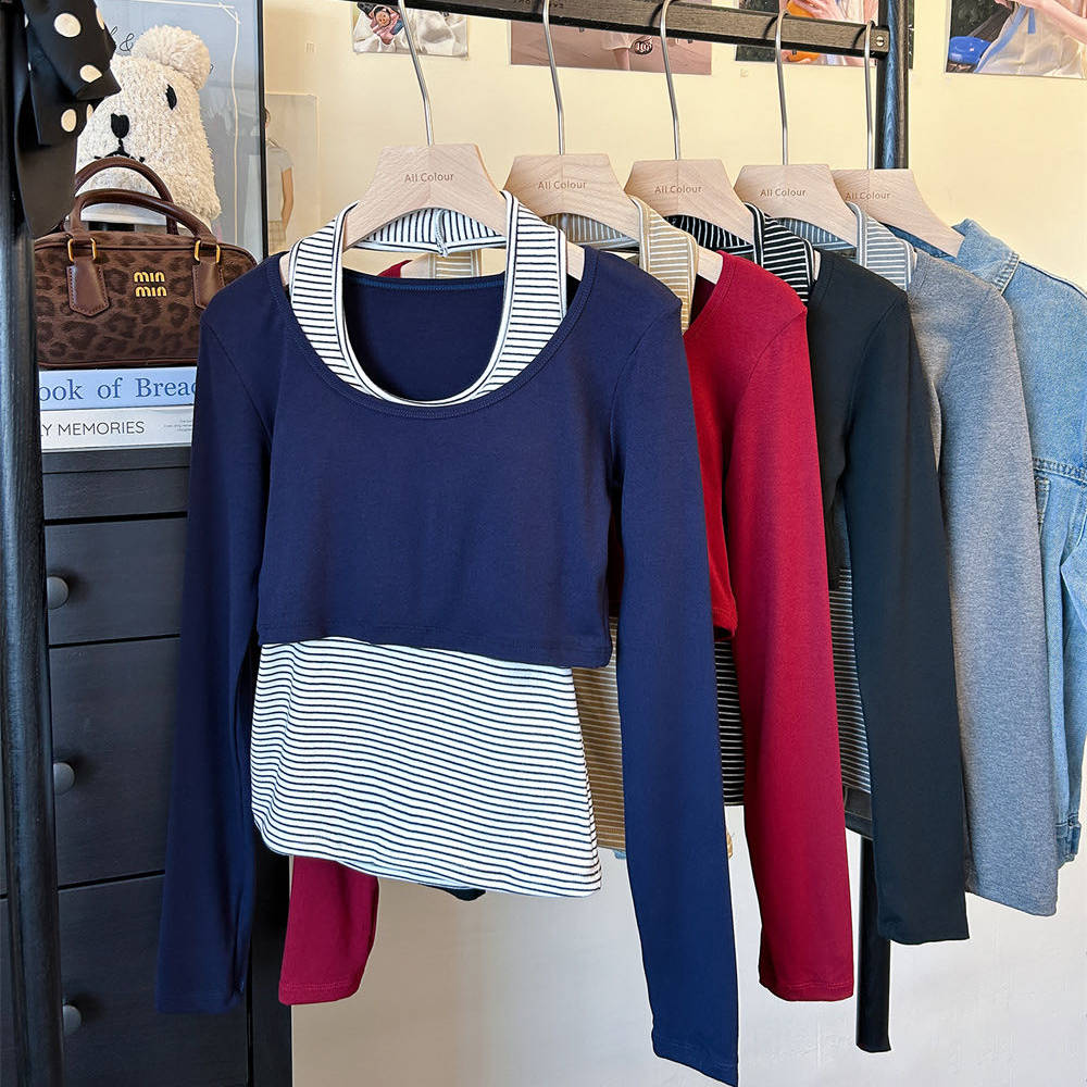 韩系长袖T恤气质短款上衣女内搭磨毛条纹挂脖背心带胸垫两件套潮