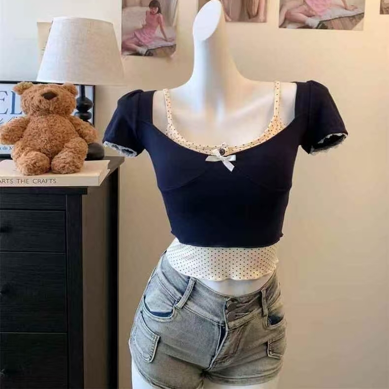 纯欲风性感波点吊带背心女带胸垫真两件套+蝴蝶结修身短袖T恤上衣