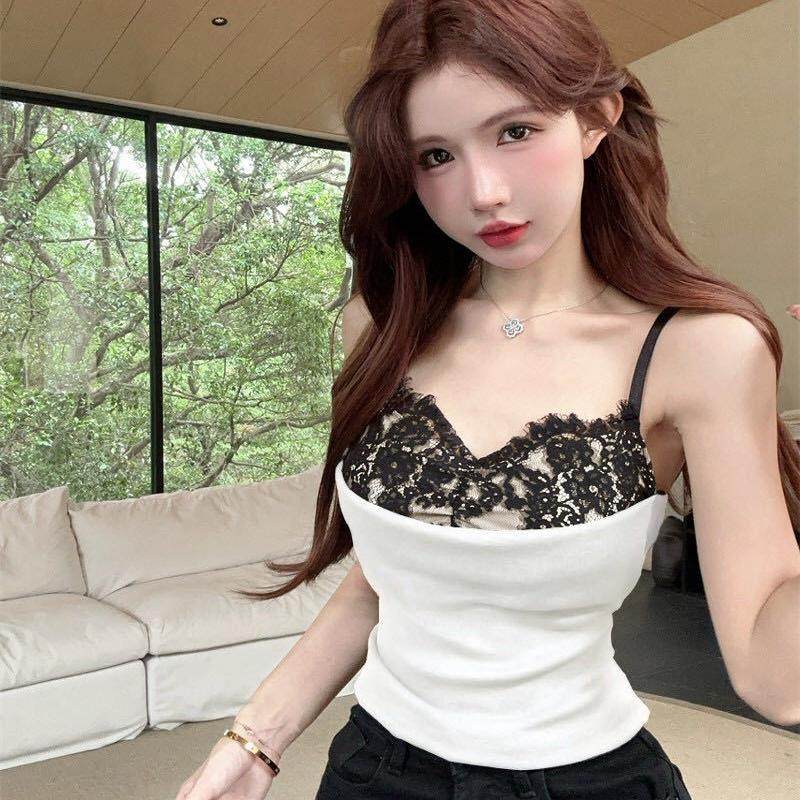 纯欲性感蕾丝拼接吊带上衣女带胸垫内搭设计感小众外穿辣妹背心潮