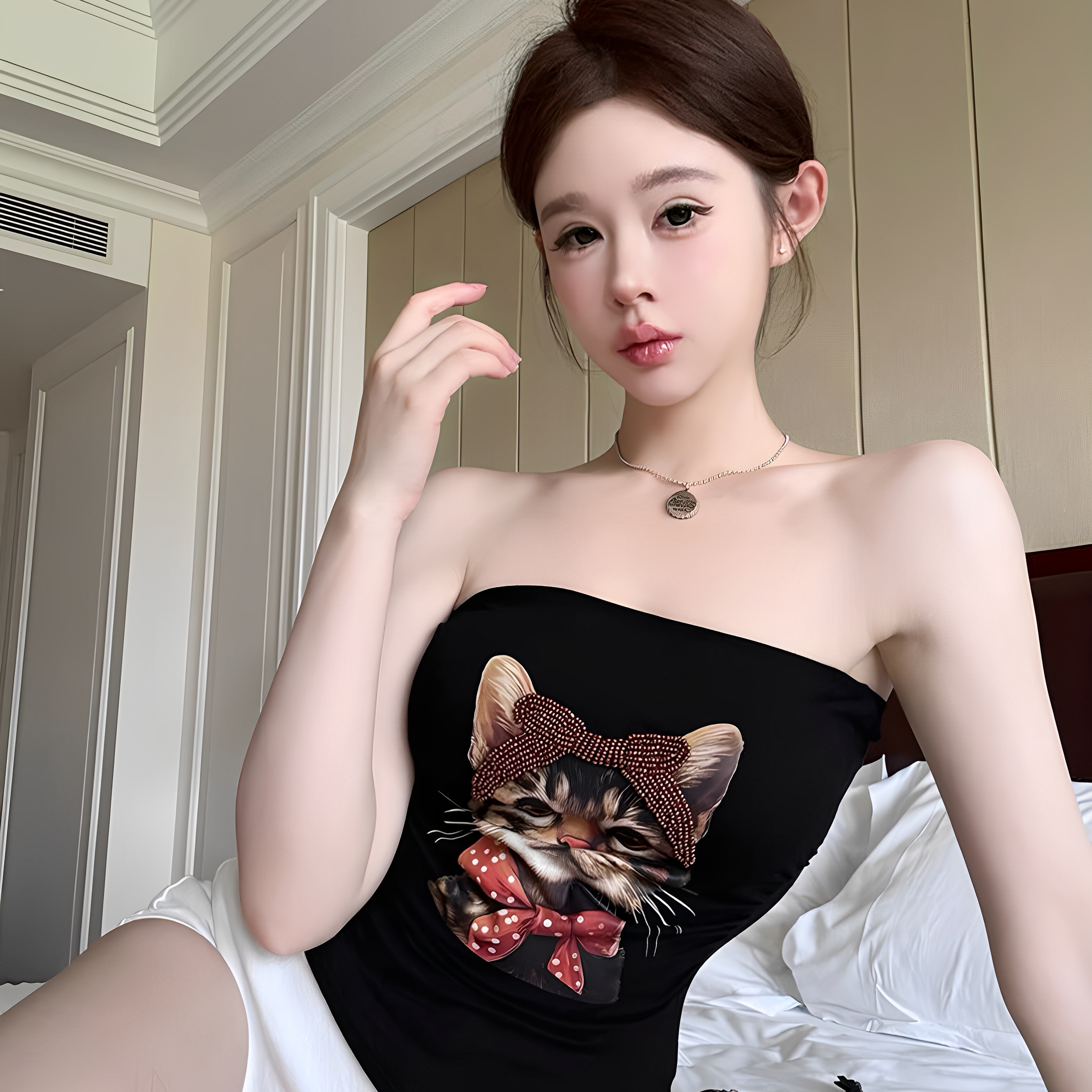 纯欲风性感辣妹猫咪印花抹胸背心女夏季内搭外穿带胸垫设计感上衣