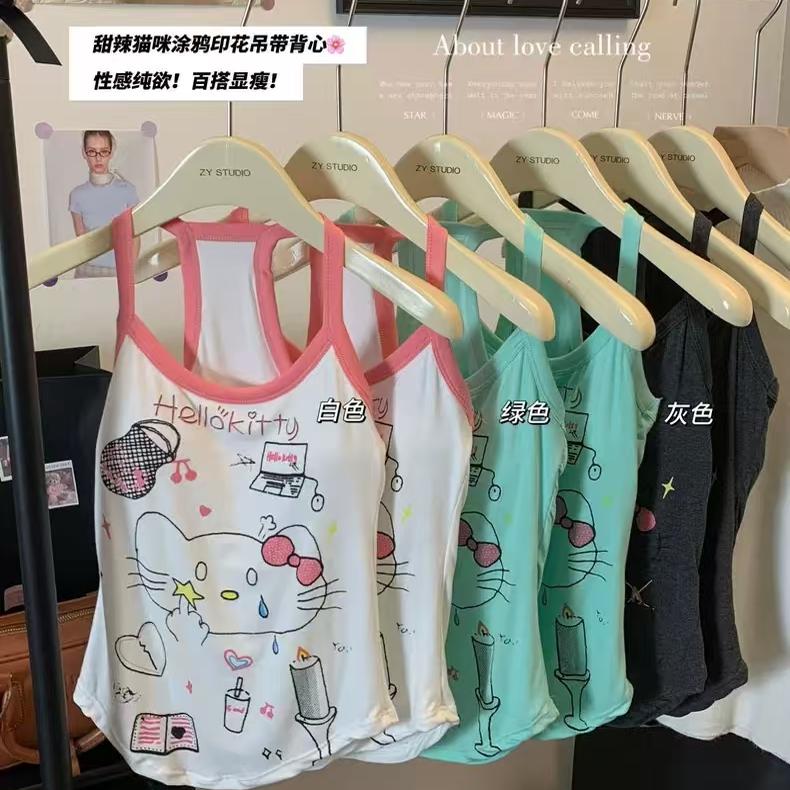 纯欲风猫咪印花撞色工字吊带背心