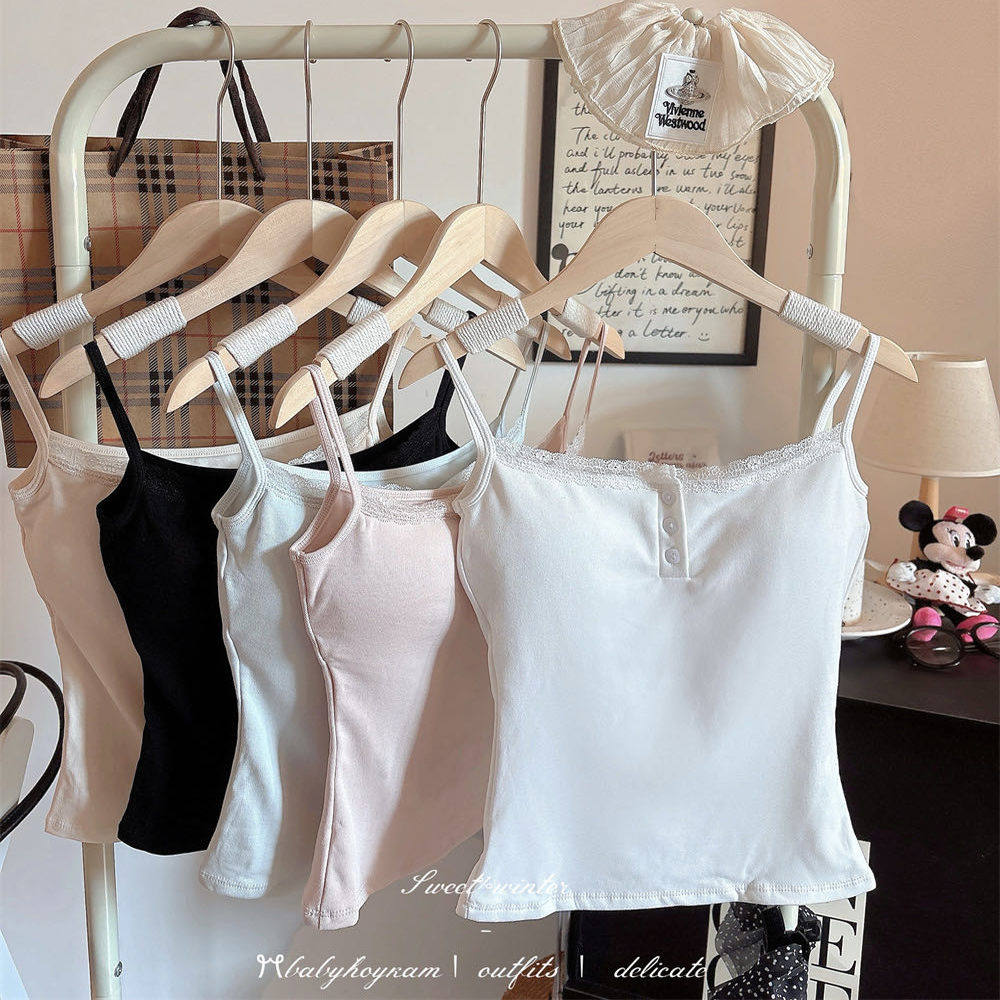 纯欲磨毛蕾丝边纽扣吊带保暖背心女秋冬内搭带胸垫百搭打底衫上衣