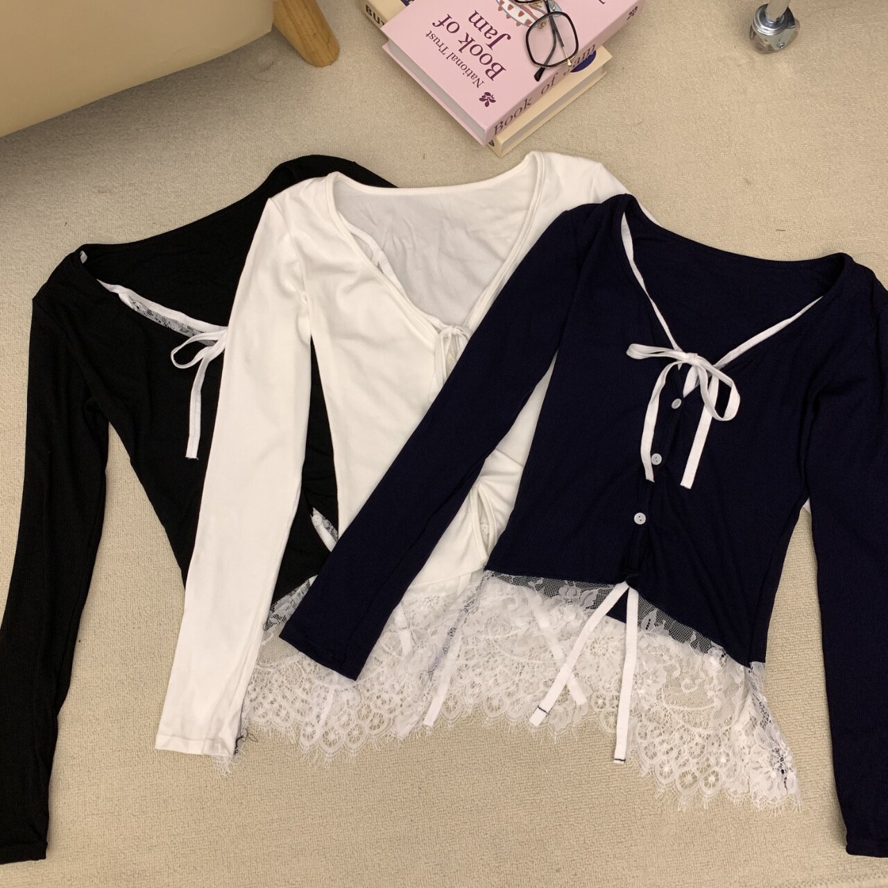 韩系蕾丝拼接系带假两件长袖T恤女秋季设计感内搭外穿打底衫上衣