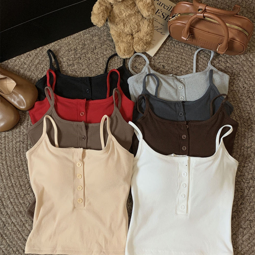 纯欲辣妹磨毛纽扣吊带背心上衣潮
