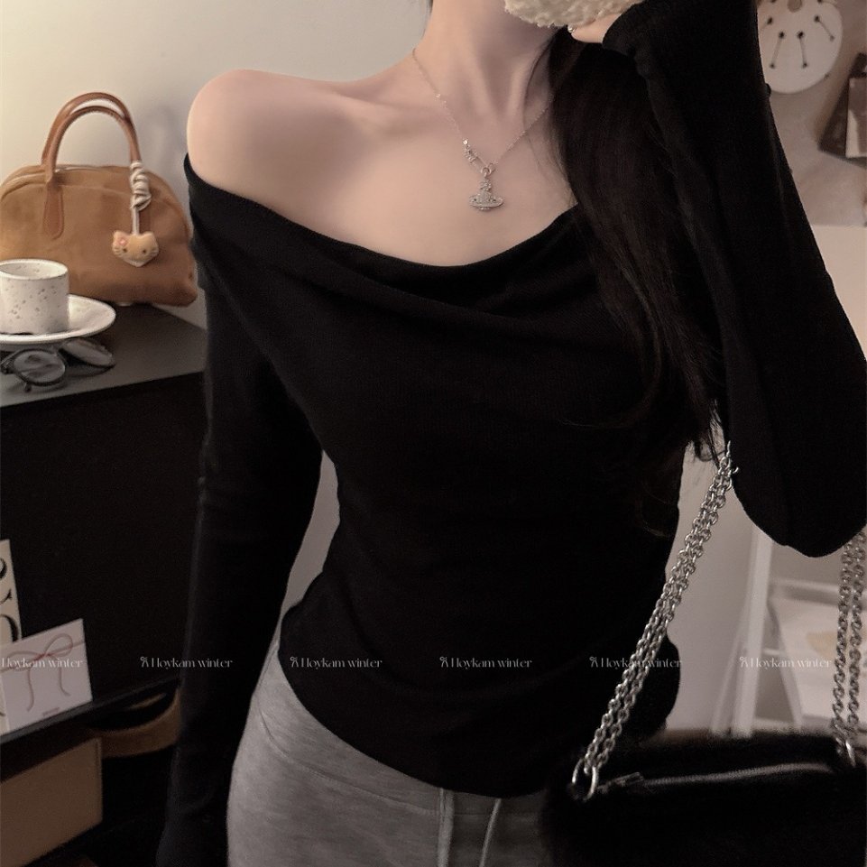 黑色荡领露肩长袖T恤女秋季内搭外穿带胸垫百搭打底衫辣妹上衣潮