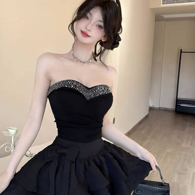 纯欲风性感辣妹重工烫钻抹胸背心女带胸垫修身内搭高级感打底上衣