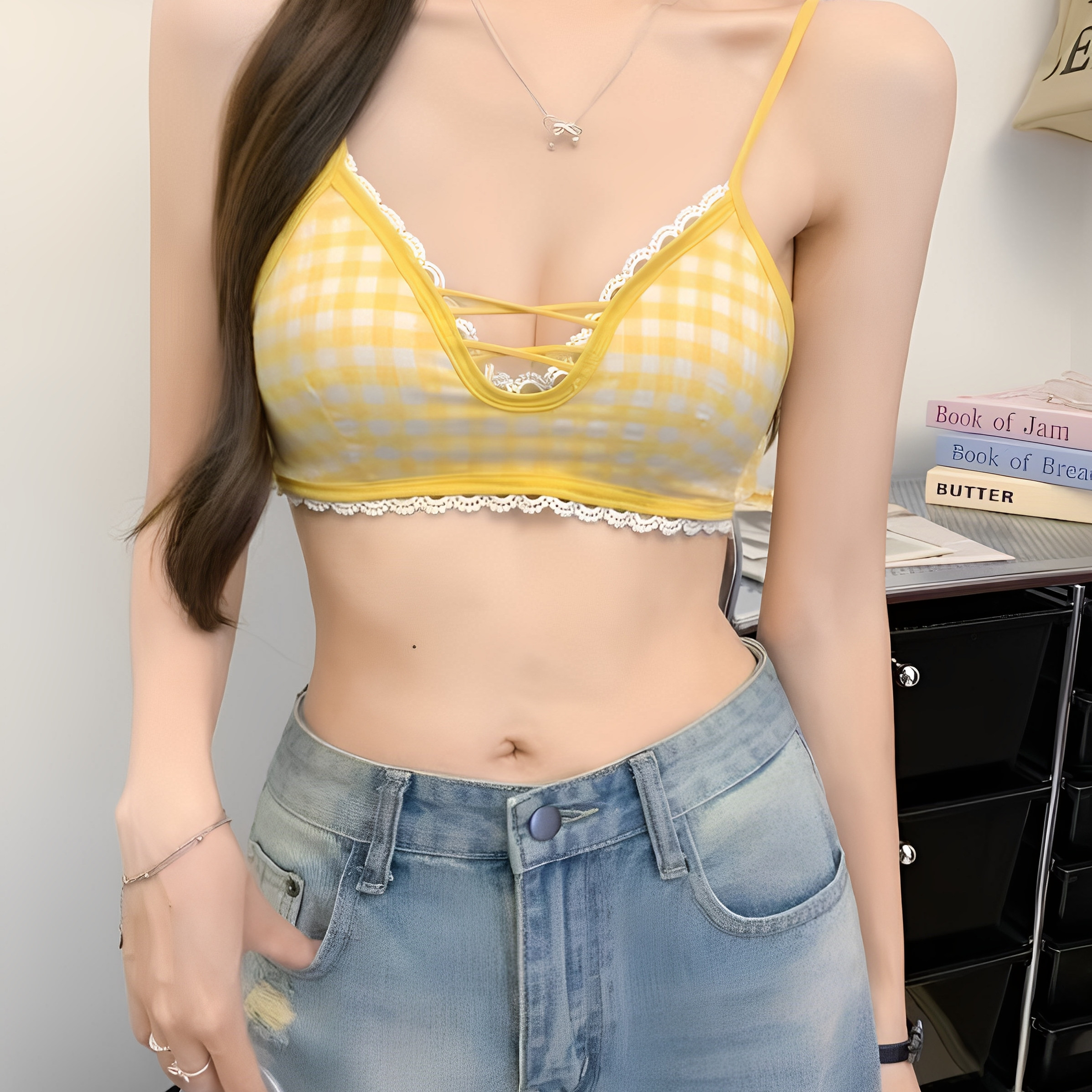 纯欲风性感辣妹蕾丝边格子抹胸内衣女甜辣妹学生小众打底内搭裹胸