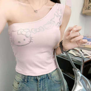 纯欲风性感辣妹卡通烫钻斜肩吊带背心女内搭外穿美背带胸垫上衣夏