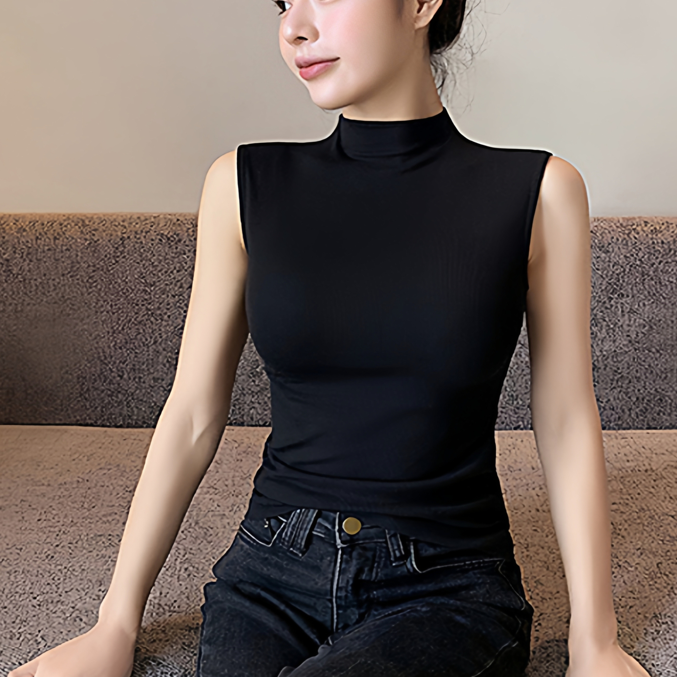 纯欲性感辣妹磨毛半高领无袖背心