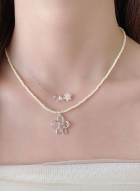 夏日黄色雏菊花朵鱼线串珠锁骨链女ins风小众小清新镂空吊坠项链