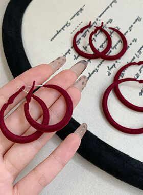 复古港风新年安可拉红色植绒大圈耳环女银针新款百搭气质简约