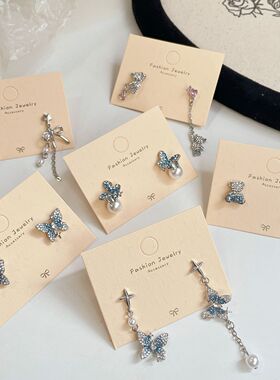 韩版蓝色满钻小熊耳环女银针小众设计感气质轻奢蝴蝶甜酷精致