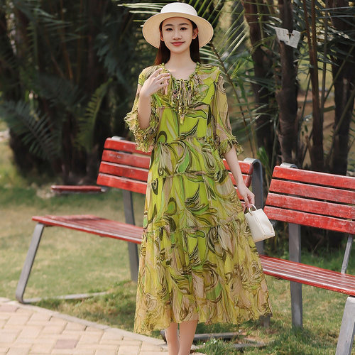 拜占庭的森林100%桑蚕丝连衣裙女高端印花收腰真丝裙子宽松中长款
