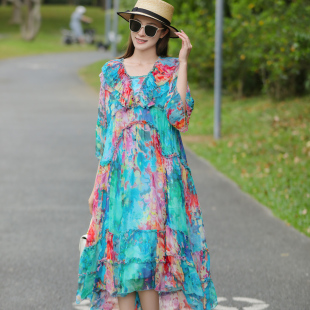 气质碎花沙滩裙 胖mm宽松显瘦时尚 拜占庭 森林桑蚕丝连衣裙女大码