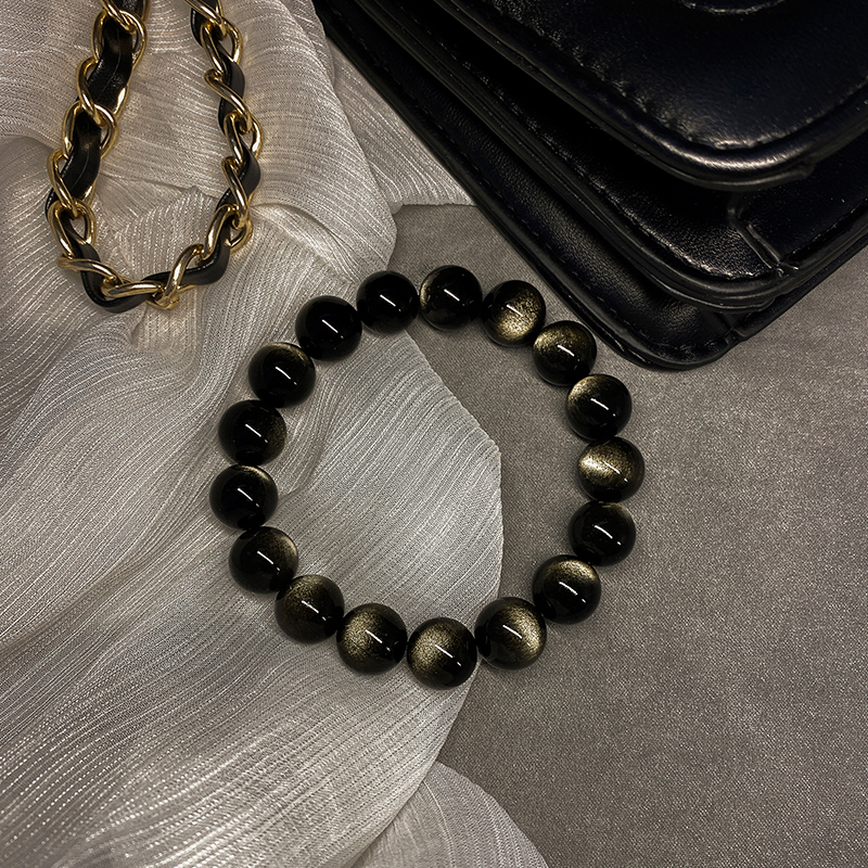 维尼天然金曜石手串黑双金眼男女情侣手链纯银挂坠生日礼物饰品