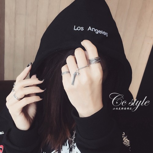 纯银朋克风十字架流苏开口戒指