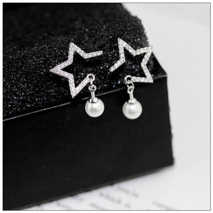 微镶锆石珍珠挂坠缺角五角星银针耳钉耳坠女气质韩国简约百搭耳饰