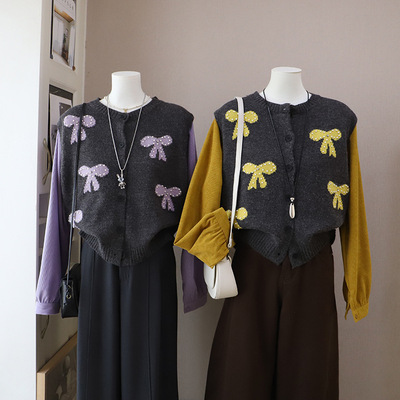 2026早春新款假两件蝴蝶结钉珠针织拼接上衣女上衣韩版时尚5926比