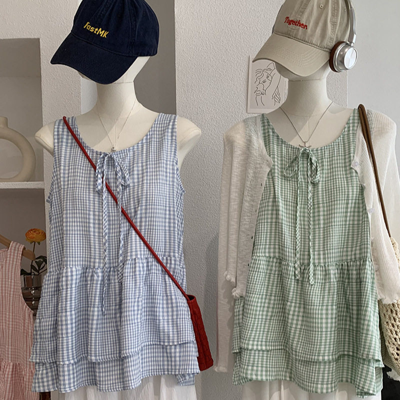 夏圆领无袖蝴蝶结绑带荷叶边下摆格子无袖上衣叠搭女装韩版7252莱