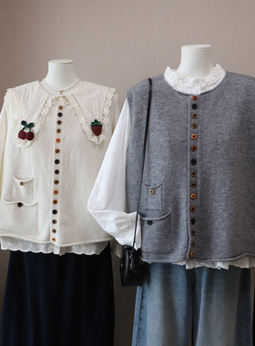 2026早春新款圆领彩扣百搭开衫针织马甲背心女上衣韩版时尚5864比