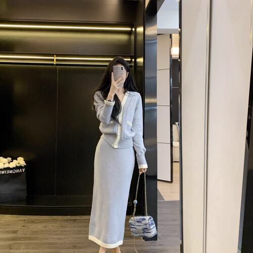 Leathercat小香风秋冬套装女高级感气质针织包臀裙盐系轻熟两件套