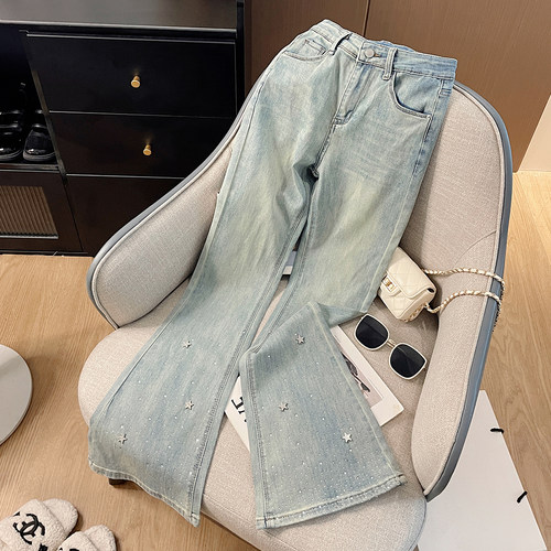 实拍气质星星烫钻bling浅蓝牛仔裤女高腰修身弹力显瘦微喇长裤子