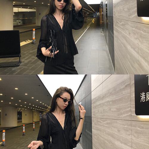 Gakee official 花苞袖吊带雪纺两件套女夏季手工压褶收腰深V衬衫