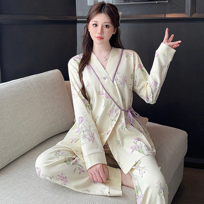 简约款带胸垫纯棉月子服夏秋季薄款产后产妇孕妇哺乳睡衣全棉秋冬 — 2
