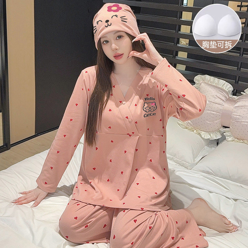 送帽带胸垫月子服孕妇睡衣春夏款