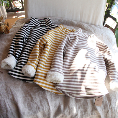 条纹加绒加厚半高领韩版套头衫