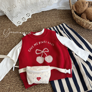 女童樱桃提花毛衣背心圆领套头26春儿童宝宝可爱红色针织马甲7