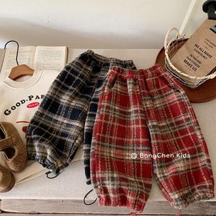 25冬儿童加绒一体绒喜庆红格子长裤冬男童女童直筒灯笼裤可收口8