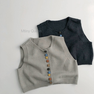 儿童针织马甲彩色扣子25秋男童女童森系复古单排扣棉线坎肩马夹