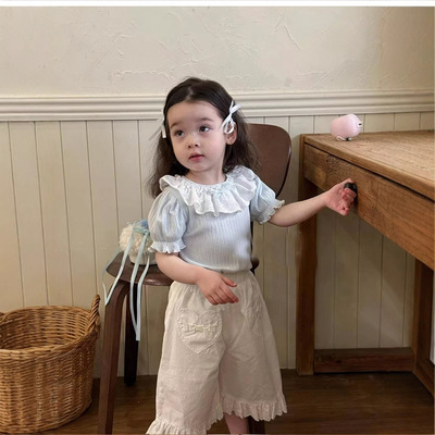 女童甜美花边领短袖T恤+七分裤