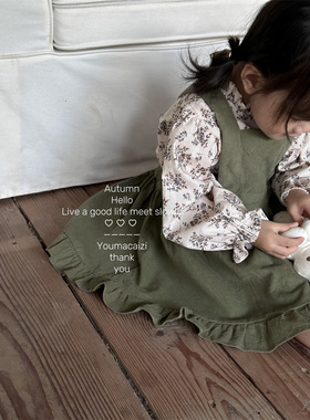 清仓 春秋女童绿色薄软条绒背带裙连衣裙+长袖木耳边碎花衬