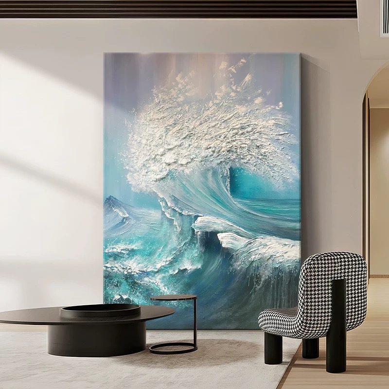手绘立体海浪油画玄关客厅餐厅背景墙装饰画抽象挂画酒店大堂挂画图片