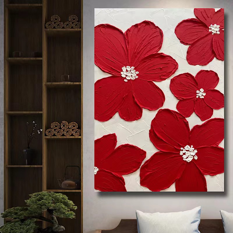 客厅背景墙装饰画红花手工厚肌理画办公室立体挂画玄关入户竖版画图片