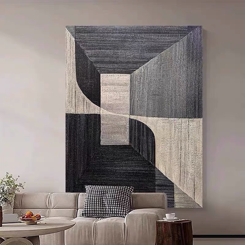 手绘油画意式抽象客厅落地装饰画高级感几何色块黑色玄关酒店挂画图片